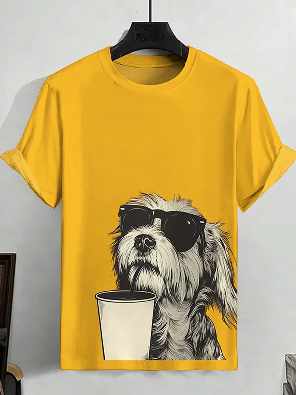 <💯Cotton> Men's Fashion Sunglasses Dog Drinks Coffee Art Print Cotton Casual T-Shirt