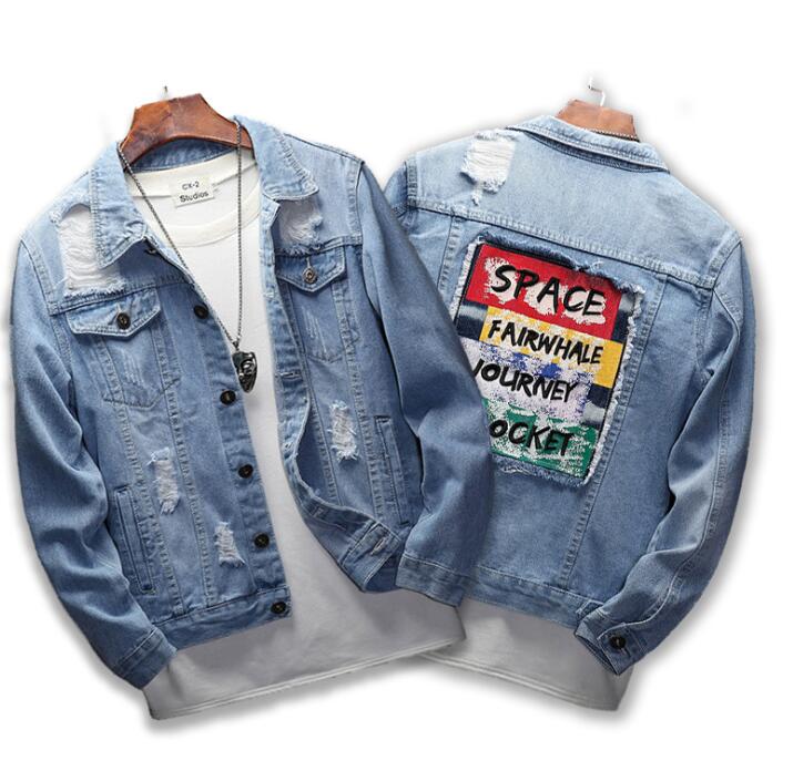 2024 High Quality Hot Sale Denim Jacket Men's Ripped Holes Lt Blue Jean Jackets Autumn/spring Garment Washed Mens Denim Coat