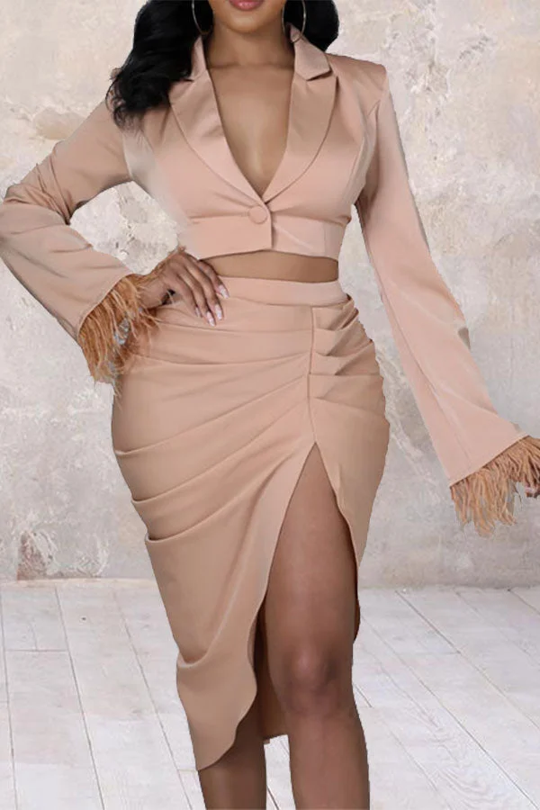 Pink Feather Patchwork Stylish Ruched High Split Dress Suit