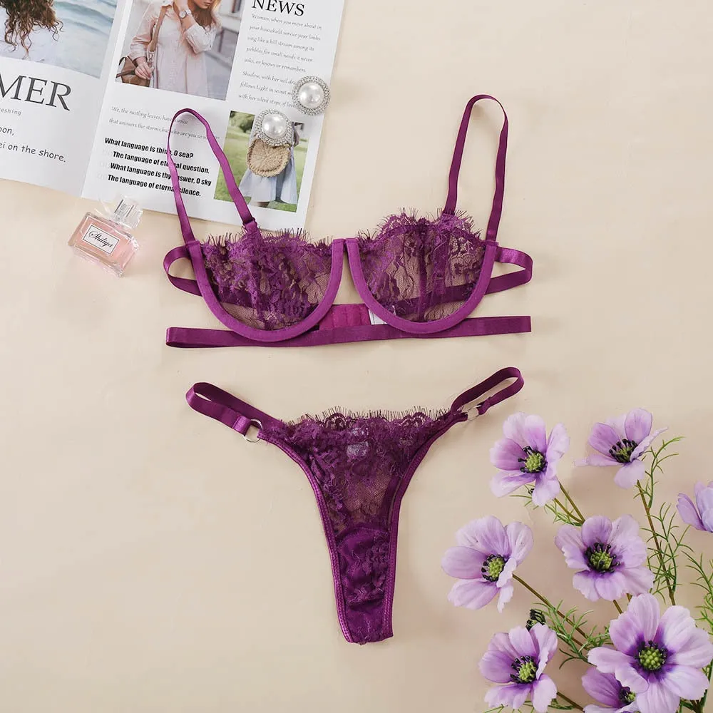 Ellolace Sexy Women's Underwear Lingerie Transparent Bra Low Cup Lace Underwear Set Lenceria Sexy Lingerie Set Bra And Panty Set 514