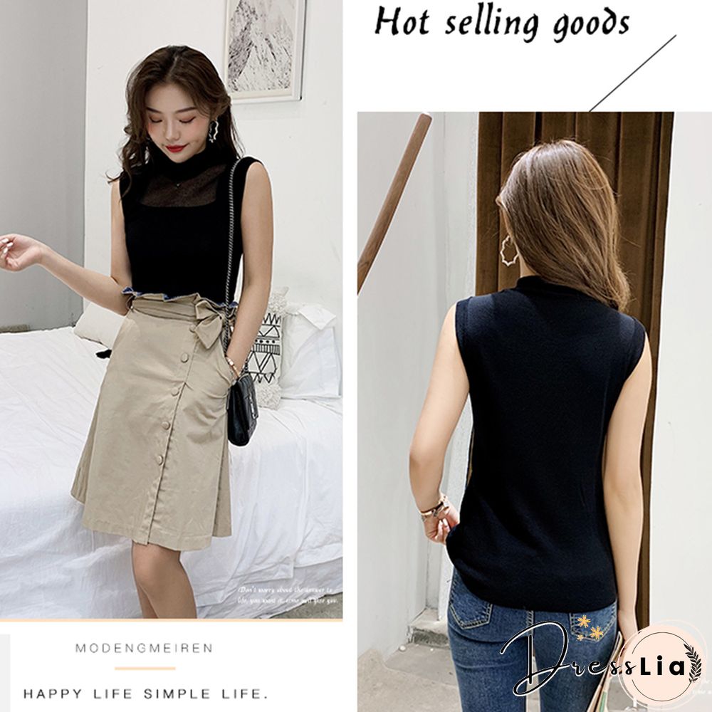 Hollow Out Sleeveless Women Knitted T Shirts Turtleneck Black Lace Sexy Lady Vest T Shirts Pink Loose Summer Thin Knit Tops