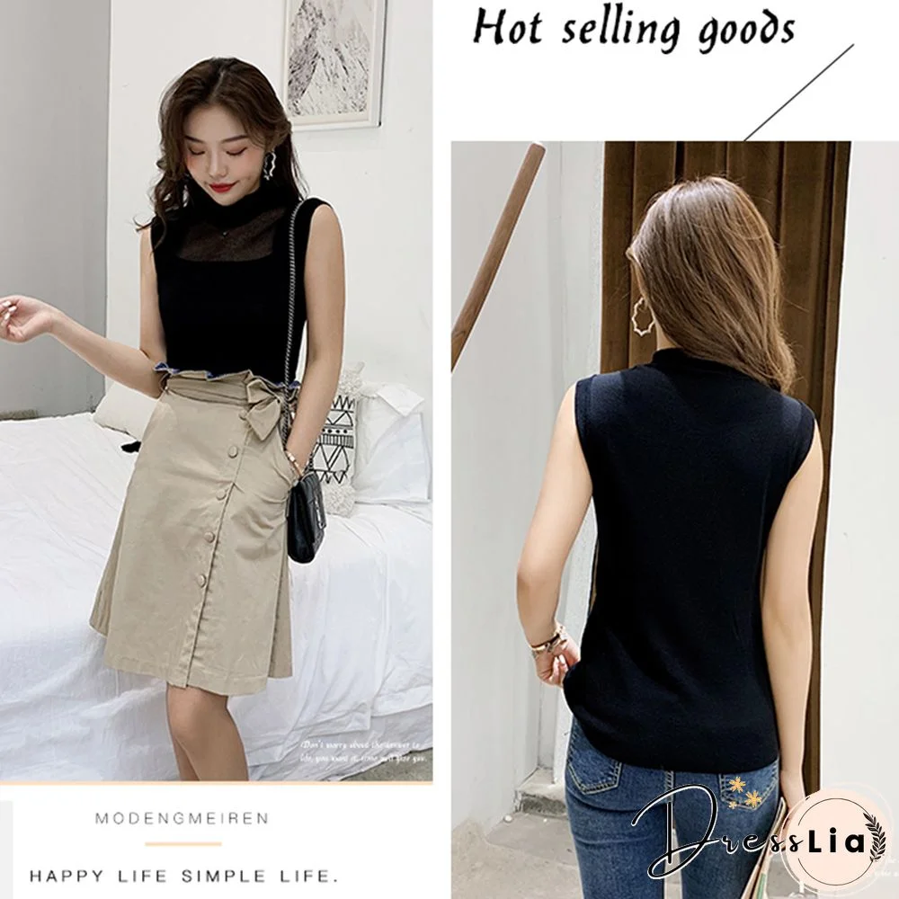 Hollow Out Sleeveless Women Knitted T Shirts Turtleneck Black Lace Sexy Lady Vest T Shirts Pink Loose Summer Thin Knit Tops