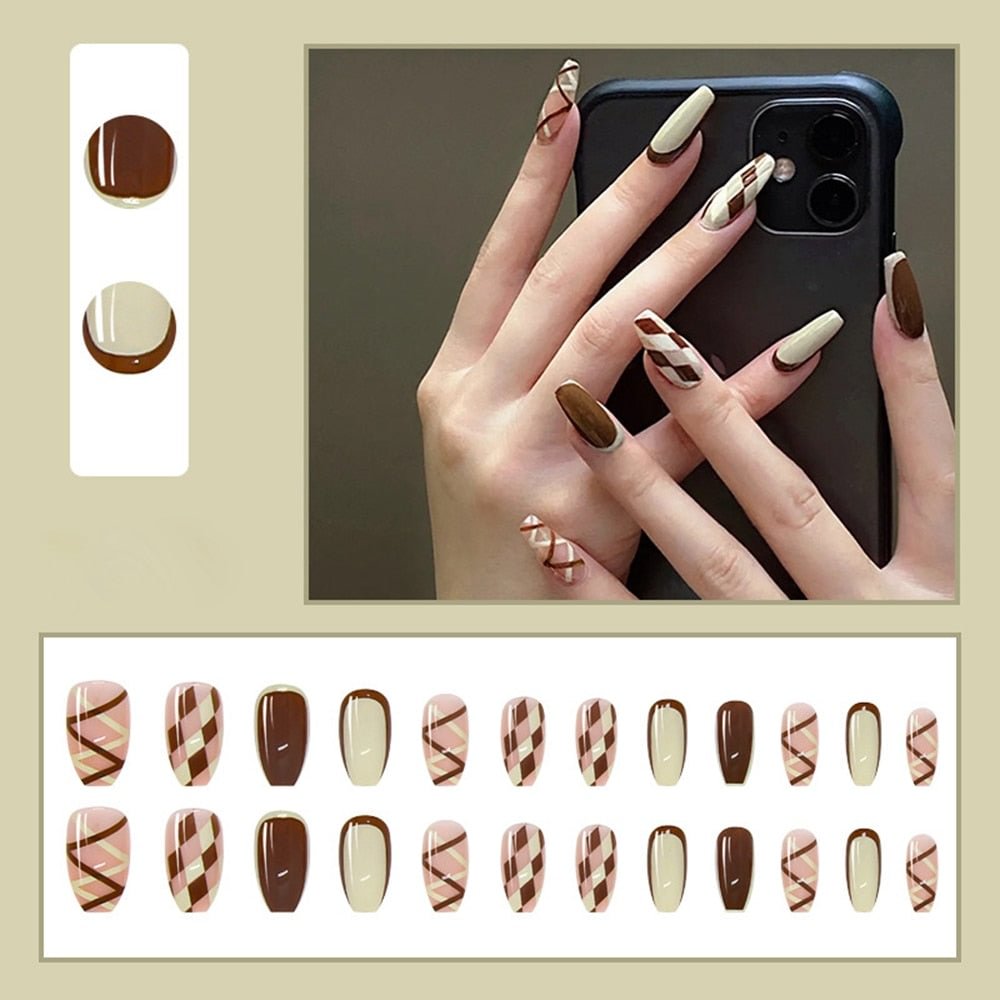 24pcs French rhombus Fake nails with designs Full Cover Nail Tips Press On Nails Coffin False Nails Wearable Ballerina Nails