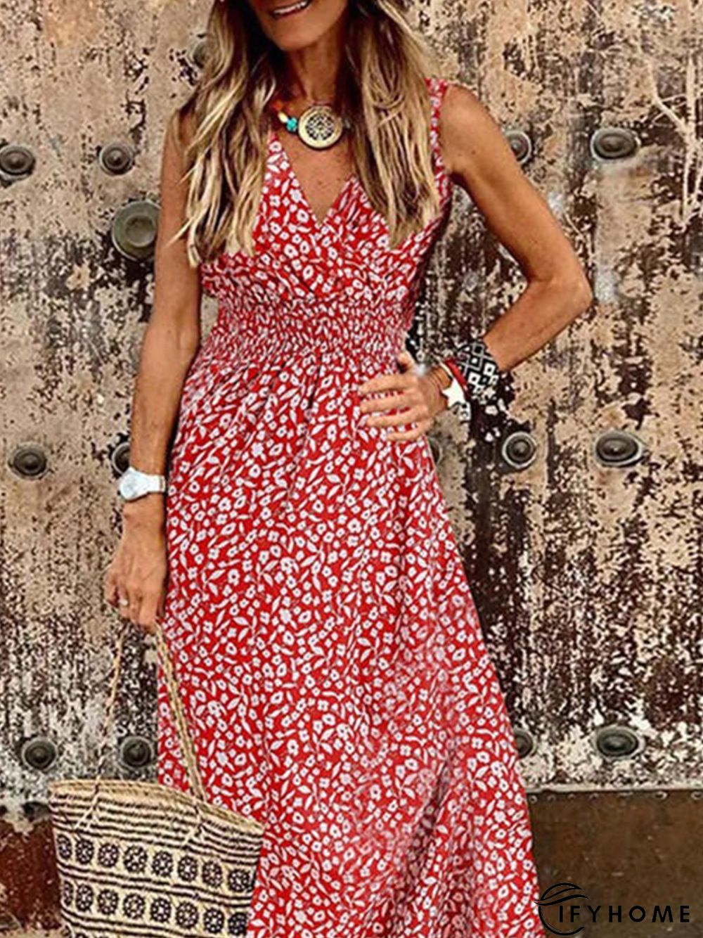 Floral Boho V Neck Vacation A-Line Dresses | IFYHOME