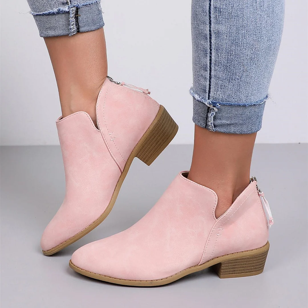 Women plus size clothing British Style Pointed Toe Casual Back Zip Low Heel Chunky Heel Booties-Nordswear