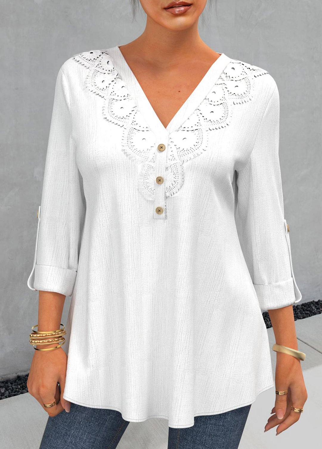 Lace Stitching White Decorative Button Blouse