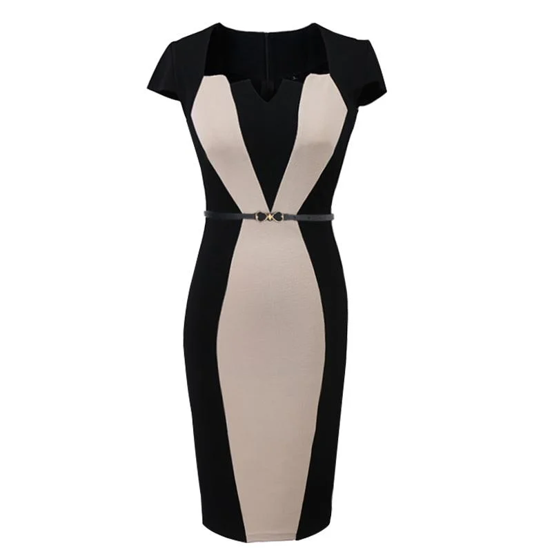 2020 New Elegant Short Sleeve Office Work Dress Women Plus Size Patckwork Midi Pencil Dresses Ladies Slim Evening Party Dress