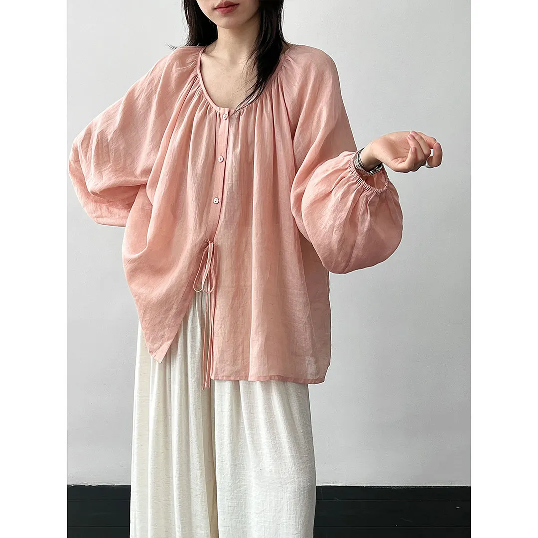 Women's Linen Gathered U Neck Bubble Sleeve Drawstring Loose Blouse