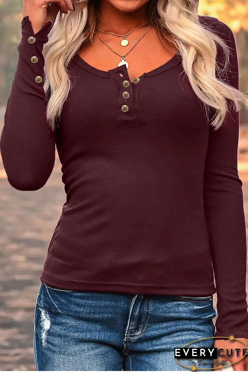 Scoop Neck Button Closure Ribbed Long Sleeve Top