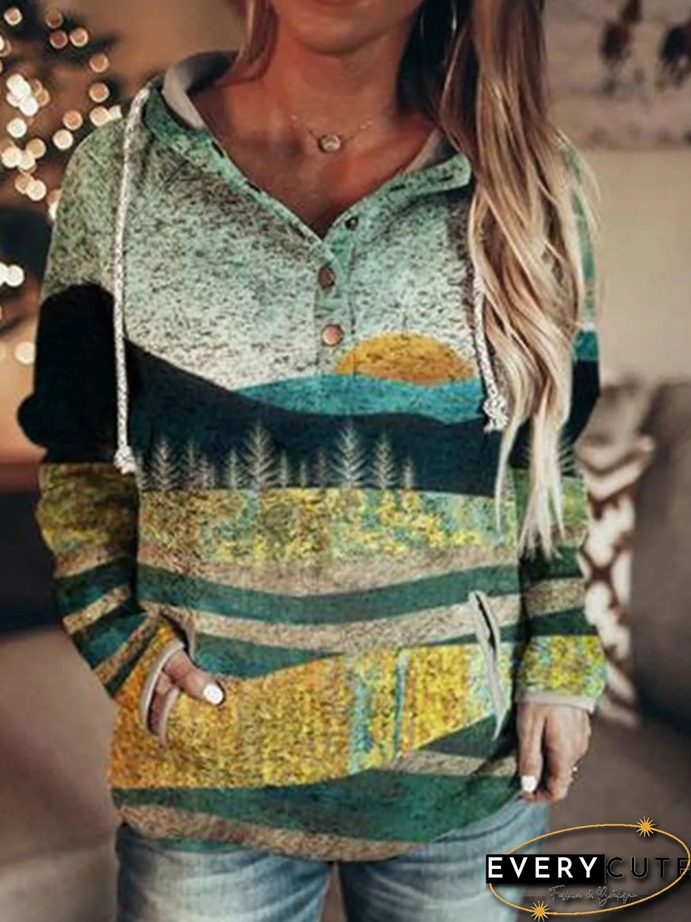 Women Vintage Long Sleeve Landscape Printed Plus Size Statement Casual Sweatshirts