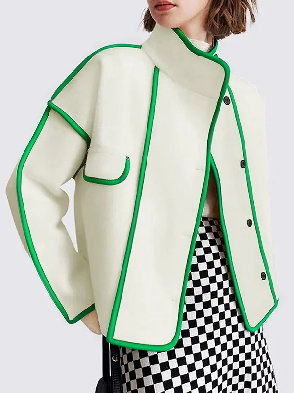 Buttoned Contrast Color Pockets Split-Joint Long Sleeves Loose Stand Collar Woolen Coat