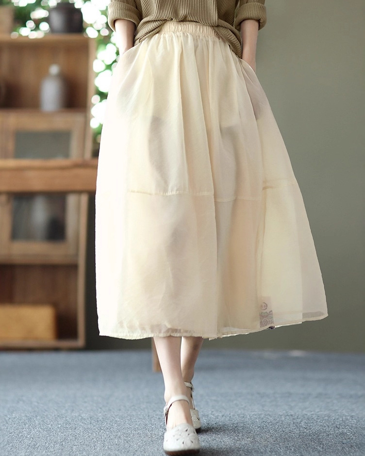 Solid Color Side Pockets Vintage Organza Midi Skirt