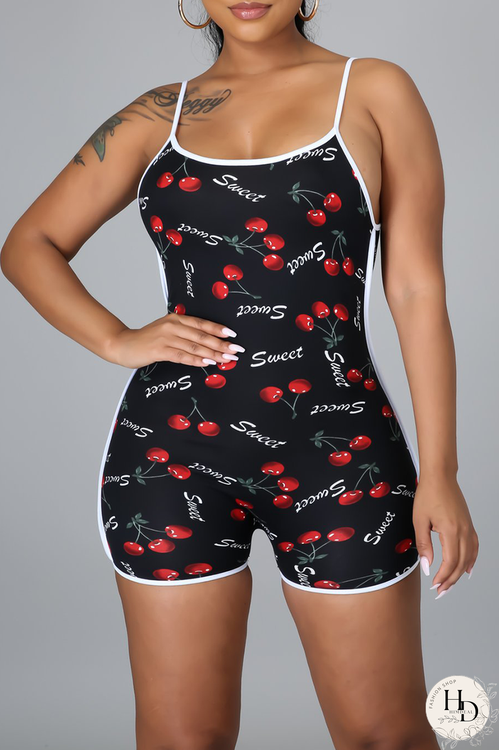 Black Sexy Print Split Joint Spaghetti Strap Skinny Jumpsuits