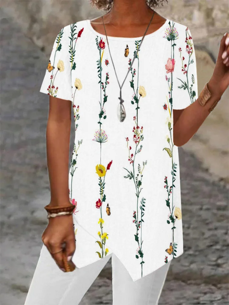 Women Asymmetrical Short Sleeve Scoop Neck Striped Floral Printed Top