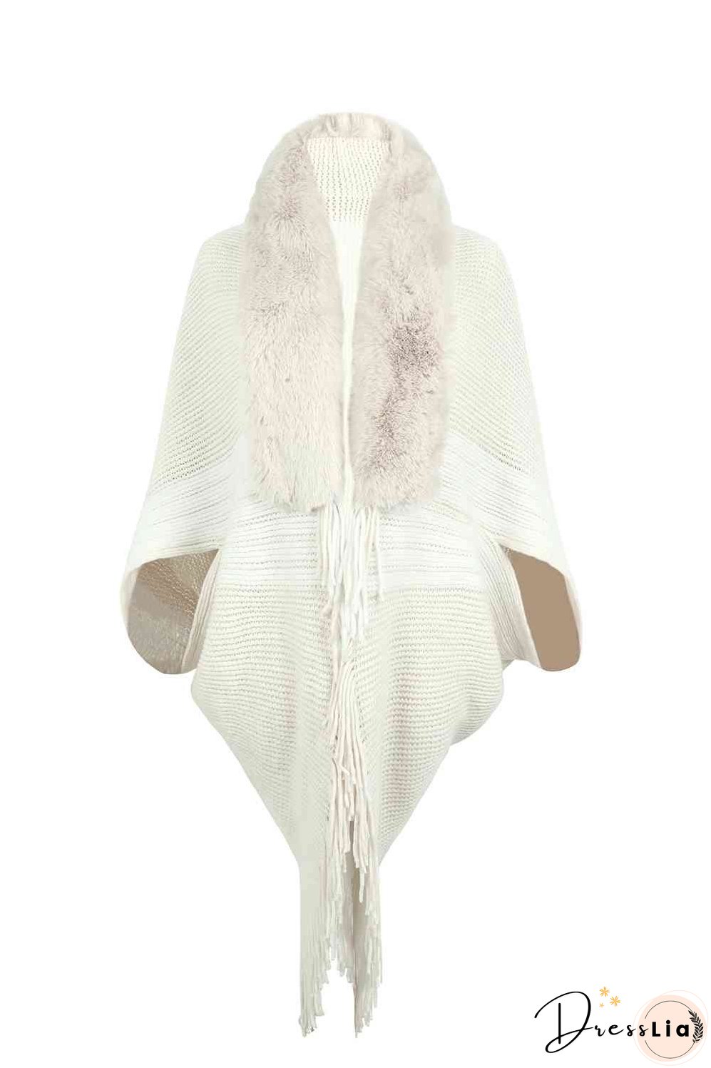 Striped Fringe Detail Long Sleeve Poncho