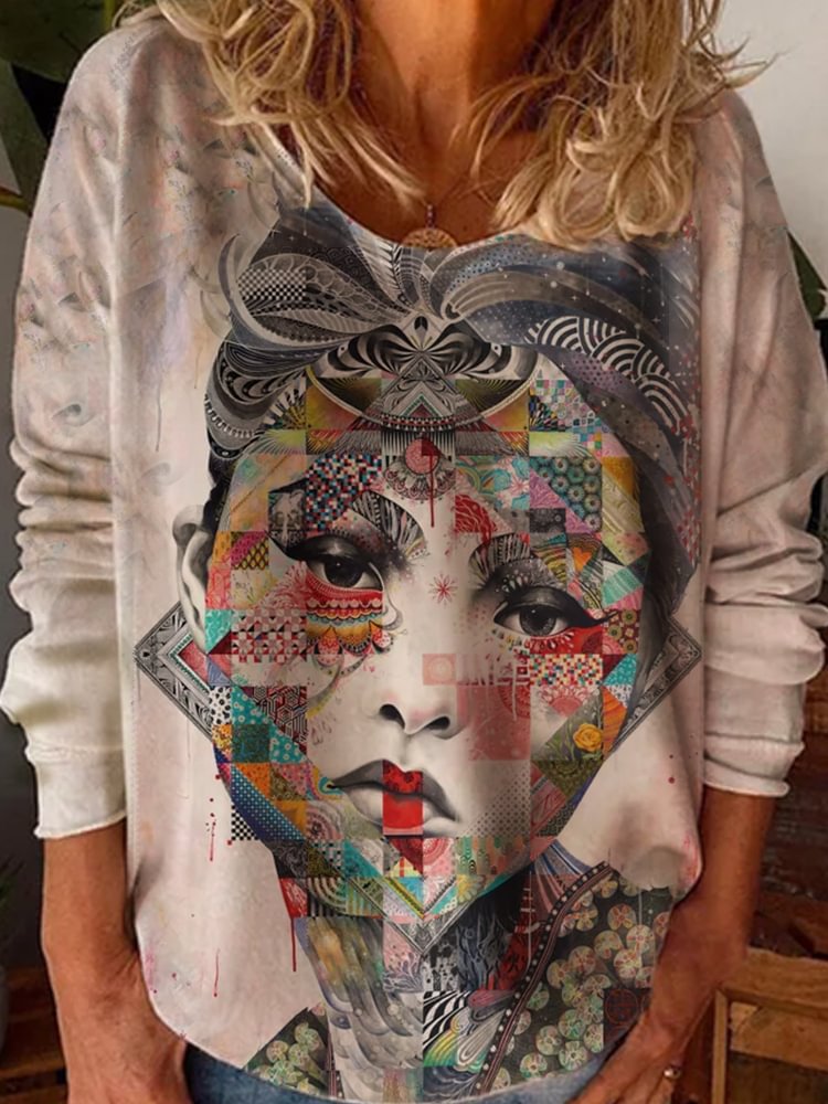 V-Neck Girls Face and Geometric Print Loose Casual Long Sleeve T-Shirt