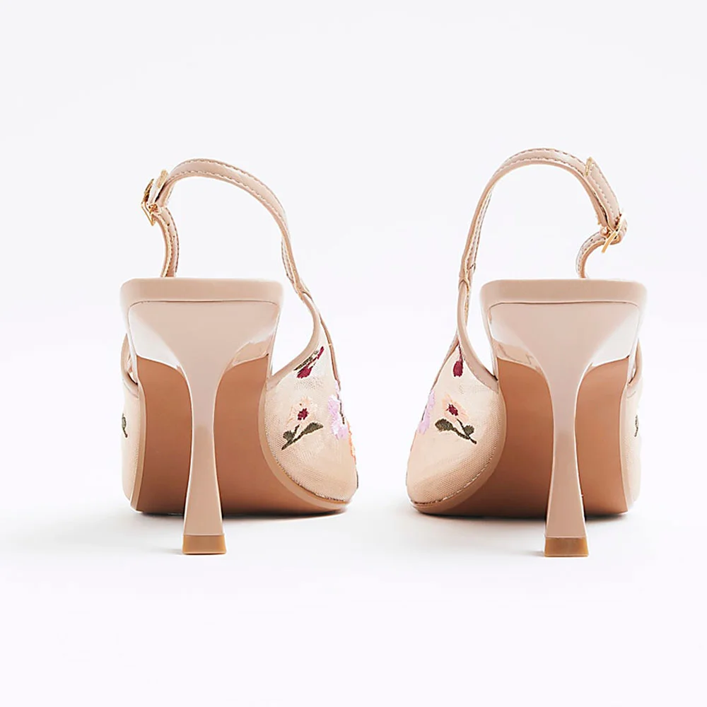 Chic Nude Mesh Pointed Toe Flower Embroidered Slingback Pumps