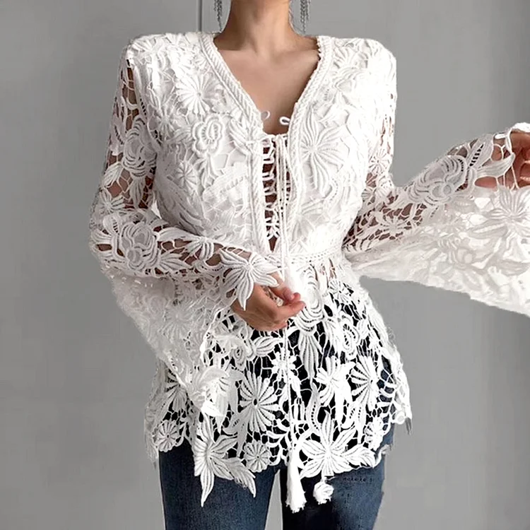 Casual Hollow Guipure Lace V Neck Flare Sleeve Blouse