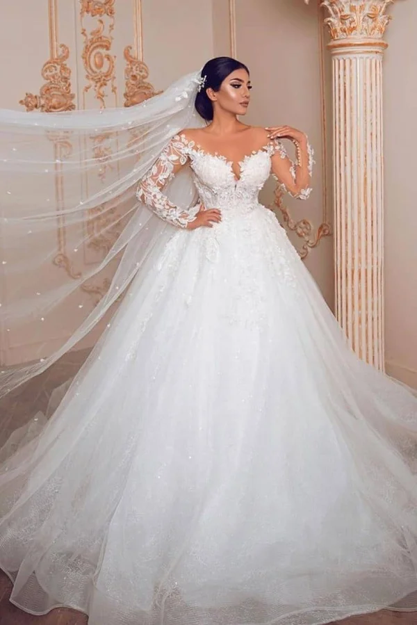 Daisda Elegant Princess Tulle Long Sleeves Wedding Dress With Lace