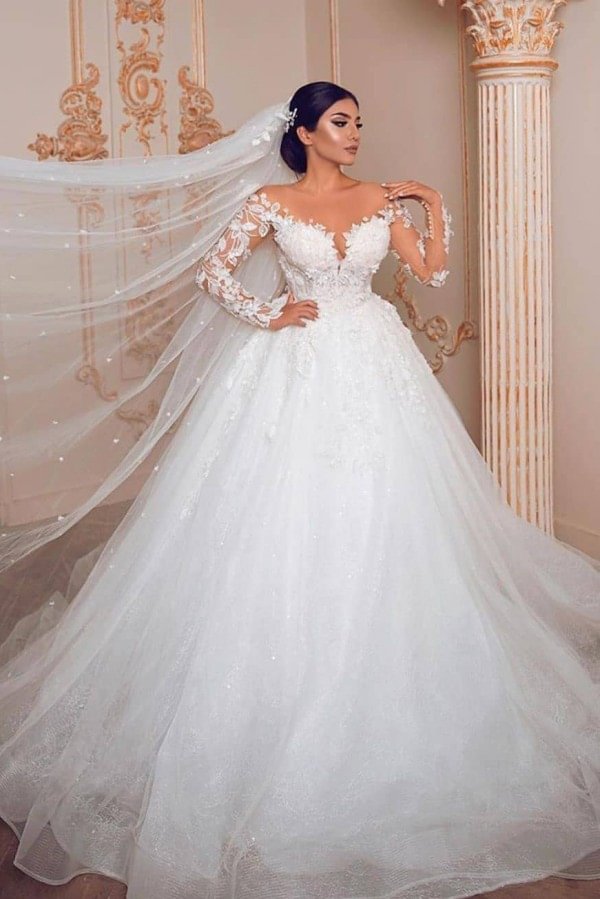 Modest Tulle Long Sleeves Princess Wedding Dress With Lace | Ballbellas Ballbellas