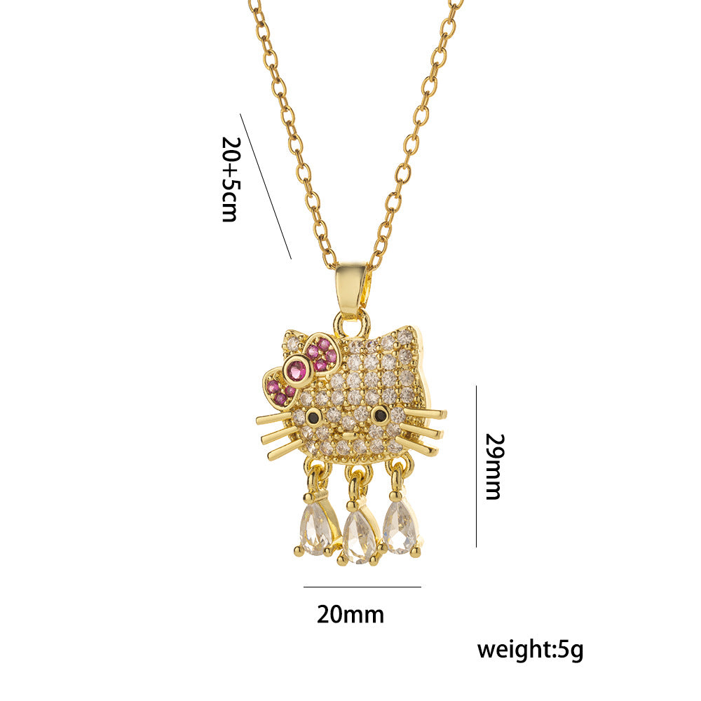 Design Kt Cat Pendant Necklace Micro Inlaid Zircon Copper Plated 18 Gold All-Match Clavicle Chain