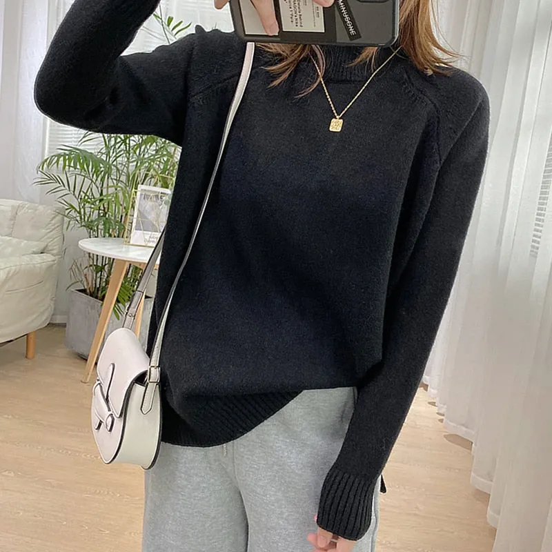 Women Mock Neck Pullovers Sweater High Quality Oversized Jumper Split Fall Winter Clothes Beige Purple Green 8 Colors  C-232