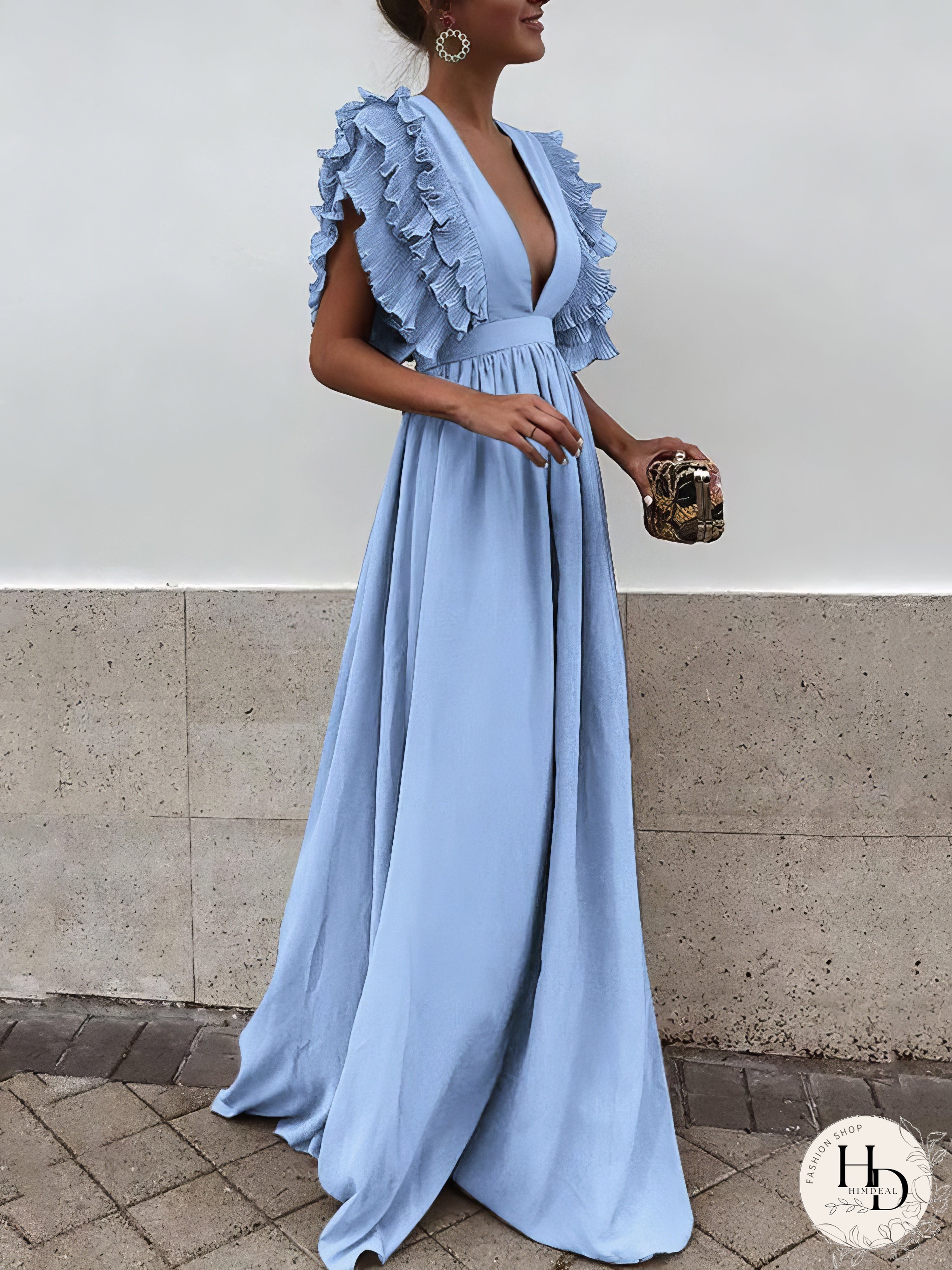 Copy of Flying Sleeves V-neck Open Back Solid Long Flowy Dress