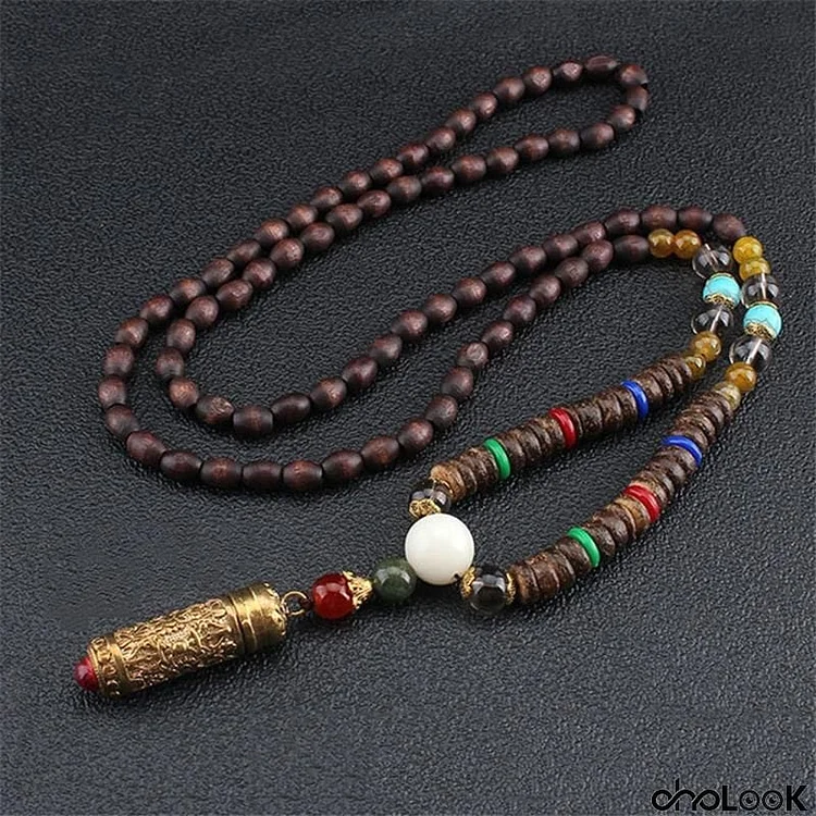 Ethnic Style Buddhism Shimmery Gold-Tone Pendant Beaded Necklace