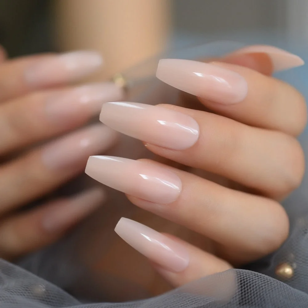 Nude Extra Long Fake Nails Coffin Full Cover Glossy False Nail Long Ballerina Nails with Glue Sticker-Nail Inspo