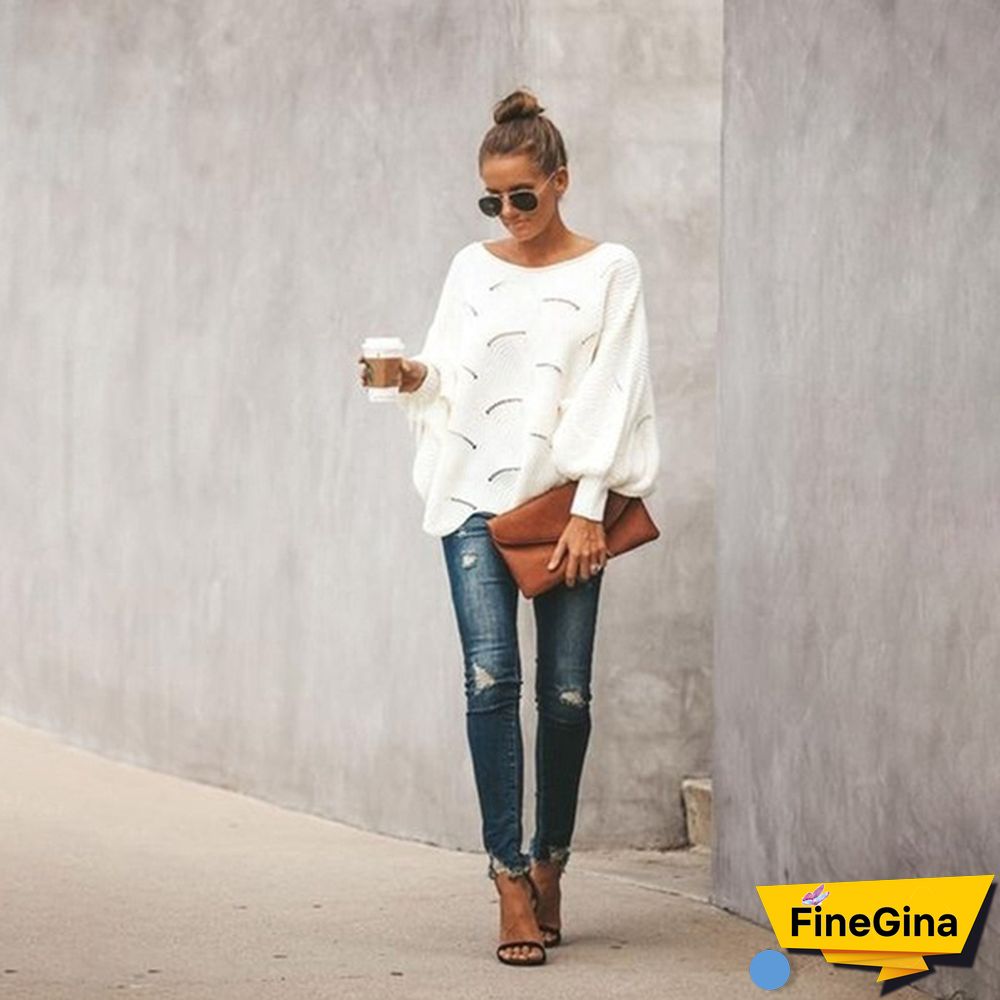 Women Plus Size Fashions Pure Color Hollow Out Bat Sleeve Loose Sweaters Ladies Autumn Winter Pullovers Tops S-5XL