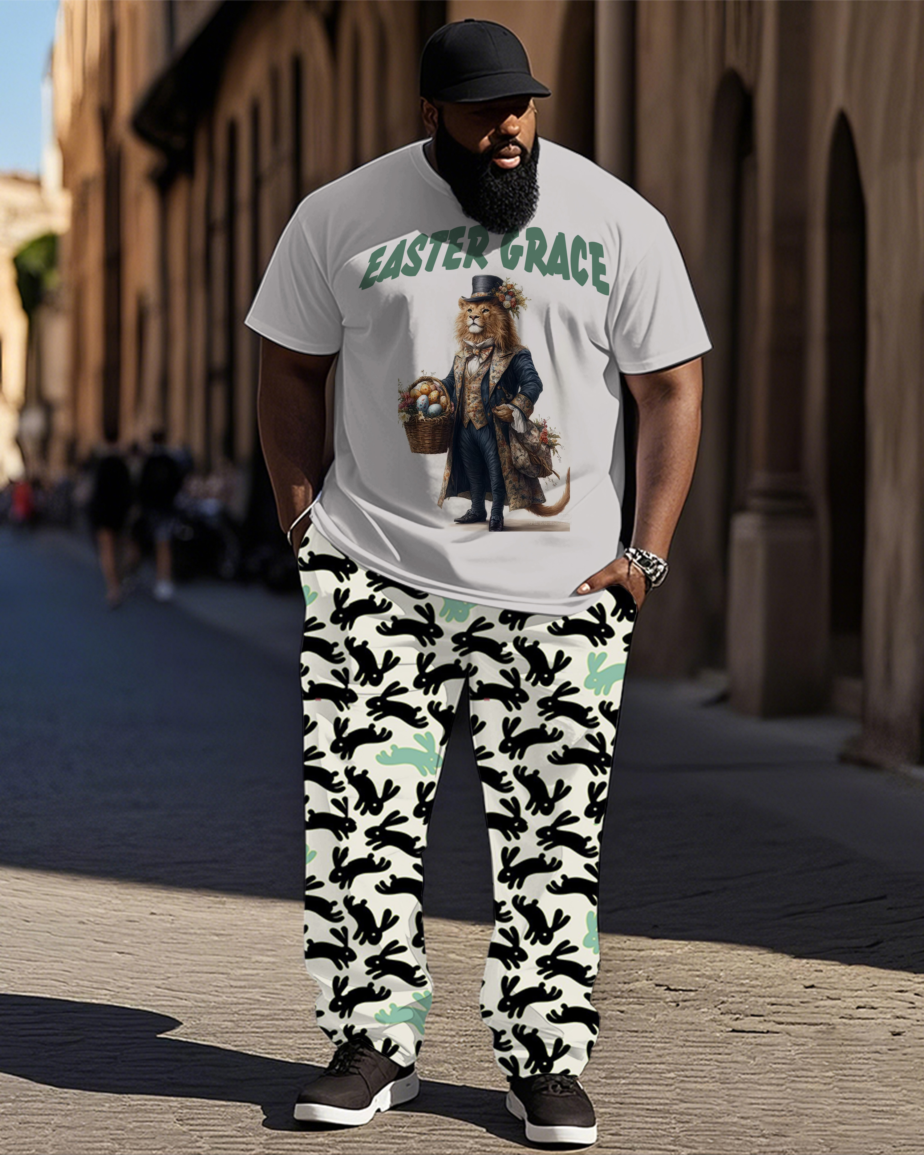 Big Shot. Easter Lion Egg Print Short Sleeve Trousers Suit