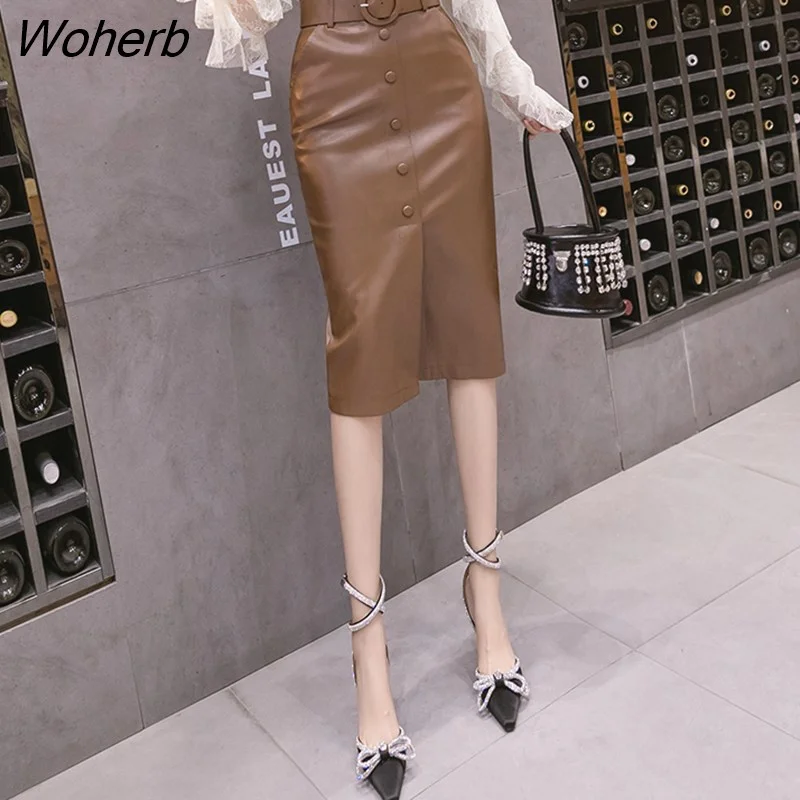 Woherb Autumn Winter Faux PU Leather Women's Wrap Skirts with Belted 2021 New High Waist Black Office Wrap Sexy Pencil Skirts
