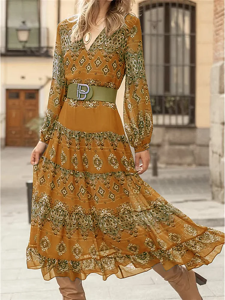 Elegant V Neck Baroque Print Ruffle Trim Belt Midi Dress