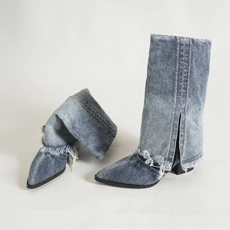 Breakj Breakj Denim Folded Tuxedo Sharp-Headed High-Heeled Shoes West Boots Low-Tender Trouser Tube Boots Short Boots Girl