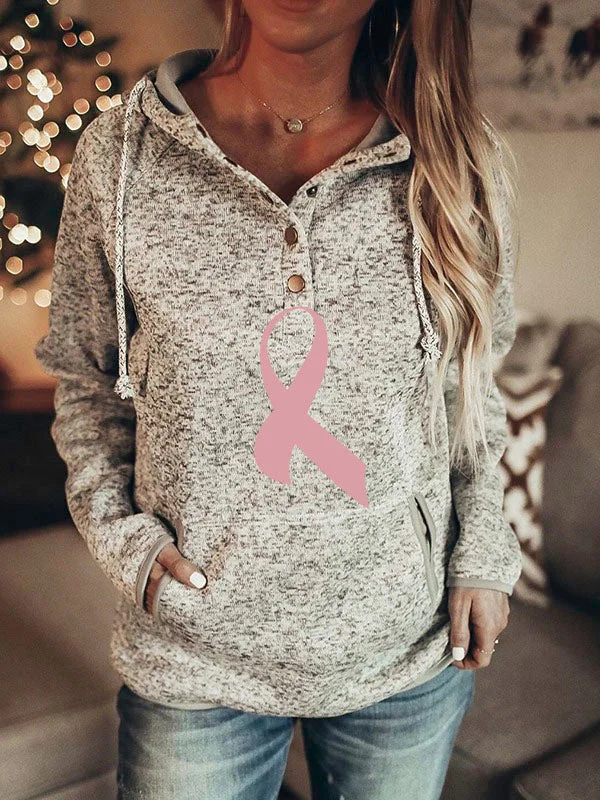 Pink Ribbon Graphic Copper Button Hoodie socialshop