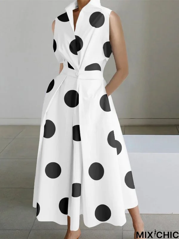 Sleeveless Polka Dot Lapel Midi Dresses