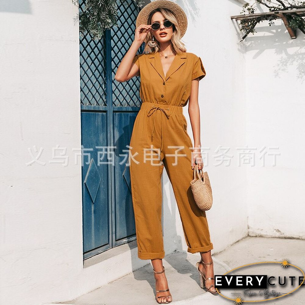Spring & Summer High Waist Wide Leg Pants Drape Loose Cotton Jumpsuit Solid Color Belt