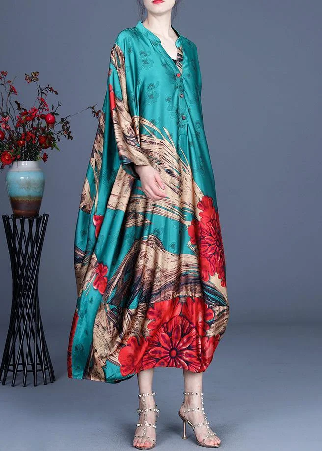 Natural Green Print Chiffon Oversize Summer  Robe Dresses