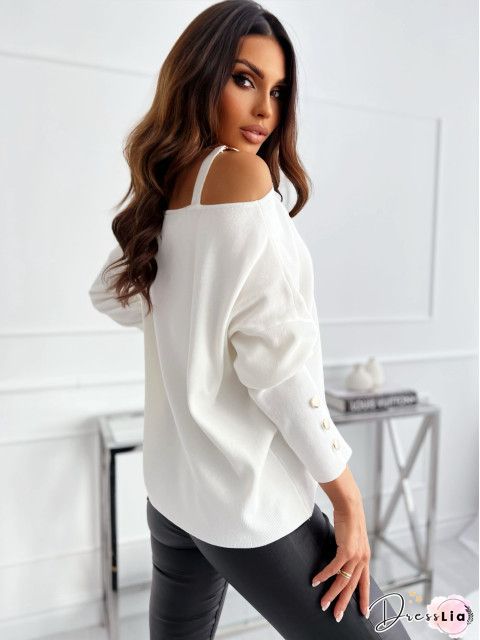 T-Shirts Boat Neck Off Shoulder Button Long Sleeve T-Shirt for Women