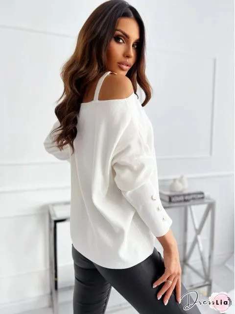 T-Shirts Boat Neck Off Shoulder Button Long Sleeve T-Shirt for Women