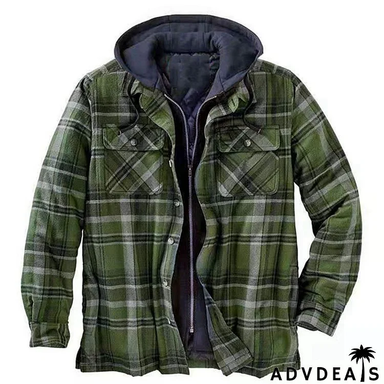 Men Autumn And Winter Thickened Plaid Print Loose Hooded Jacket