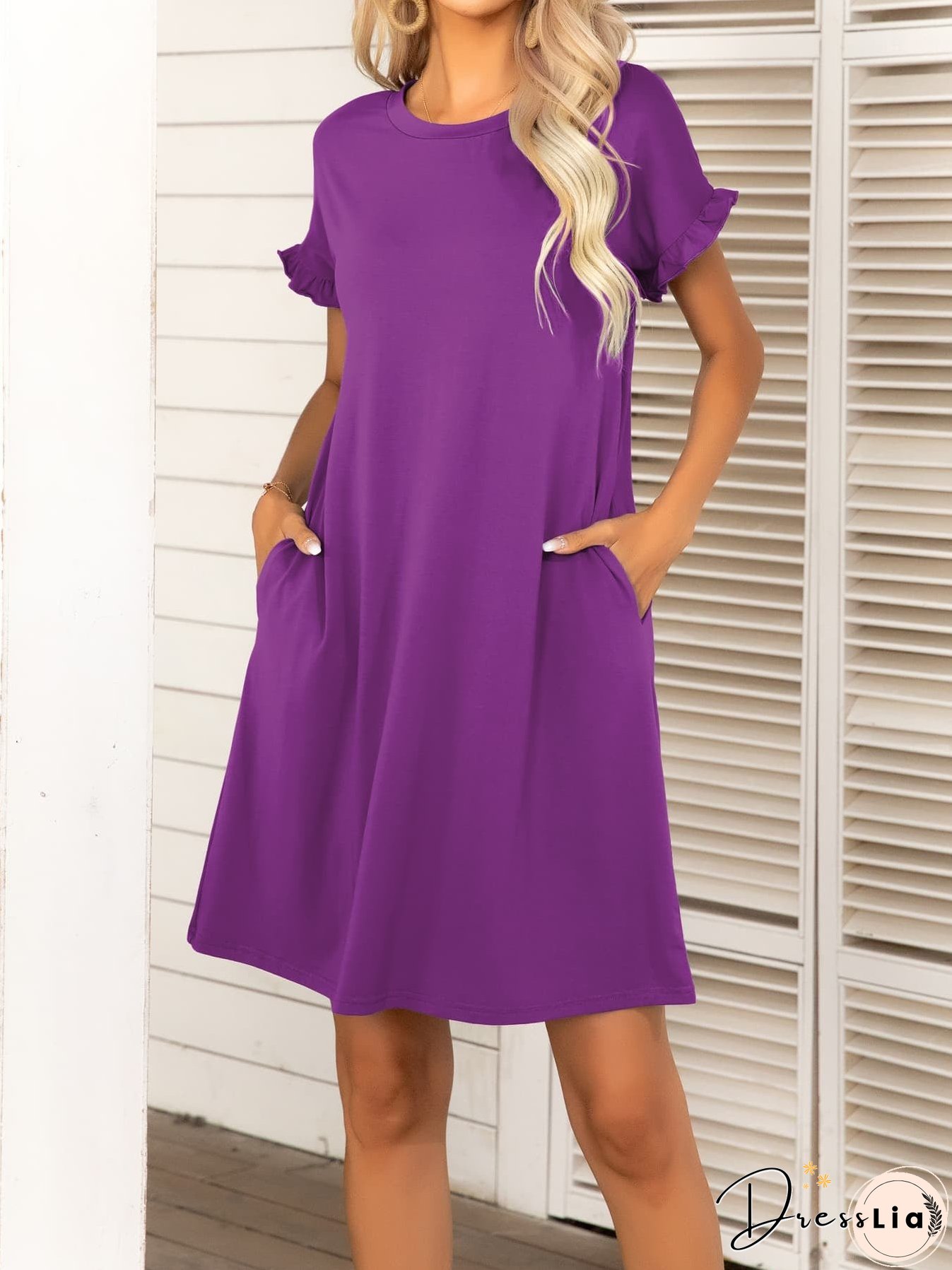 Round Neck Flounce Sleeve Dress with Pockets
