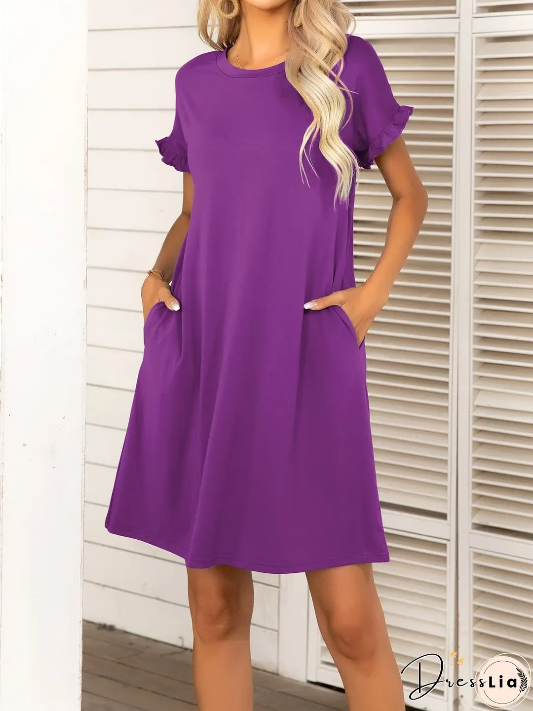 Round Neck Flounce Sleeve Dress with Pockets