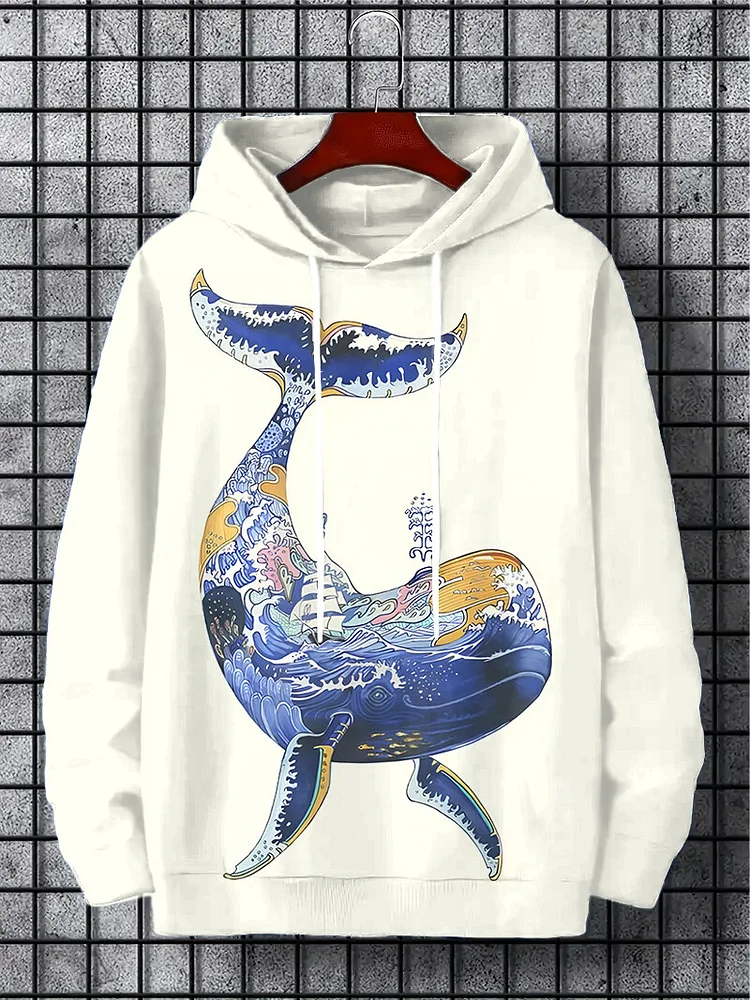 Men's Japanese Ethnic Pattern Whale Art Print Hooded Sweatshirt