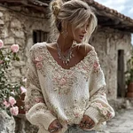 Women's Vintage Pink Flowers Art V-neck Cozy Knit Pullover Sweater - Image 2