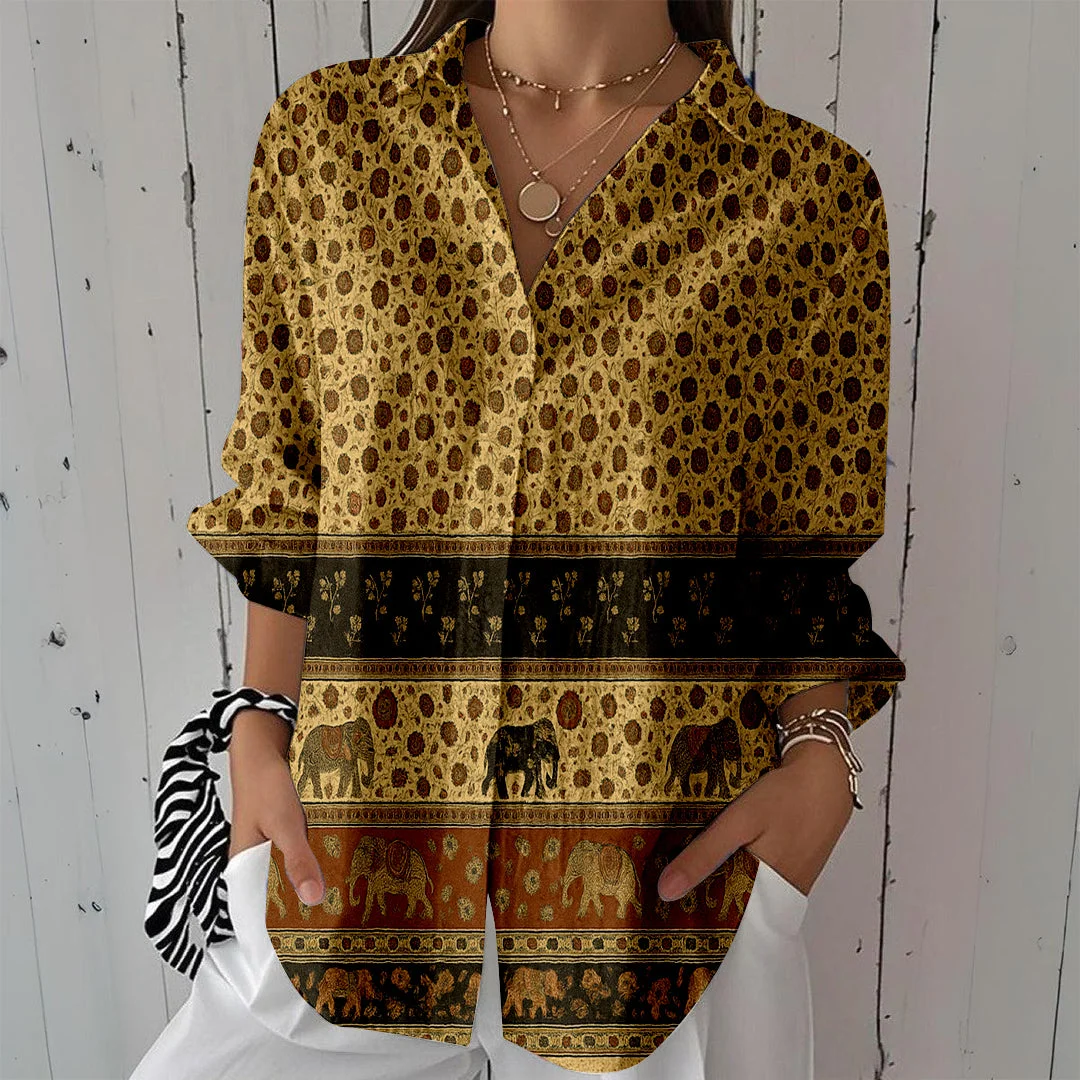 Style & Comfort for Mature Women Women Bohemian,Black,Orange DZCL0299 3/4 Sleeve Shirt Collar Printed Button Tops