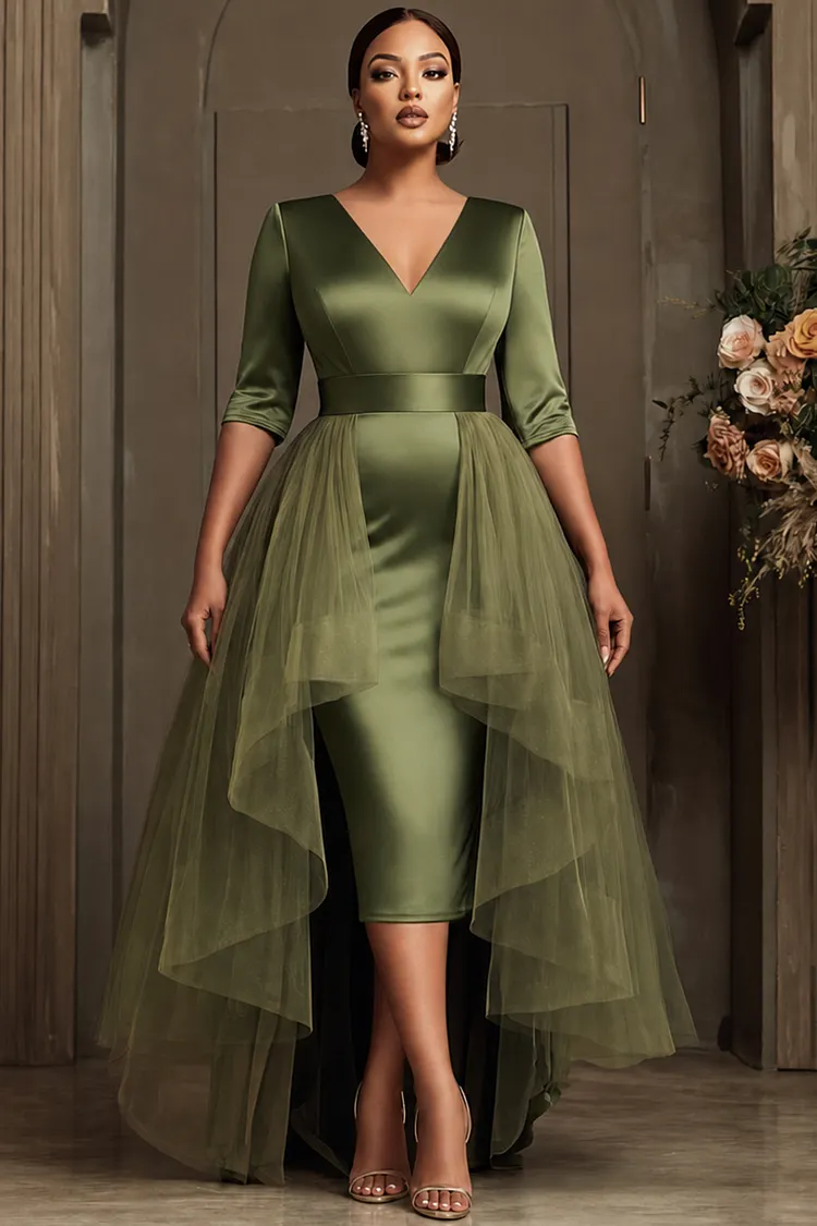 Xpluswear Design Plus Size Wedding Guest Tulle Green V Neck Half Sleeve With&nbsp;Skirt&nbsp;Overlay&nbsp;Bodycon Satin Midi Dresses [Pre-Order] 2024 - Xpluswear