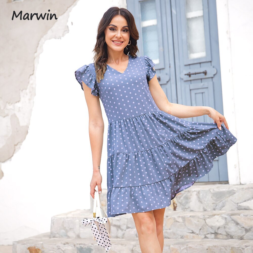Marwin Simple Casual Dot V-Neck Flying Sleeve With Belt Holiday Style High Waist Fashion Mid-Length Summer Dresses NEW Vestidos