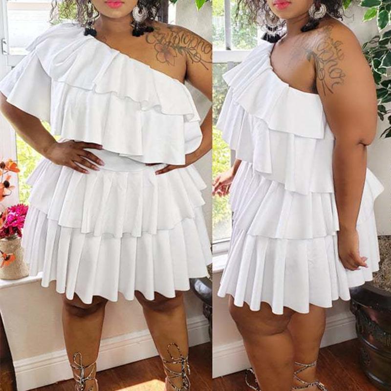 Ruffle Pleated One Shoulder Plus Size Mini Dress