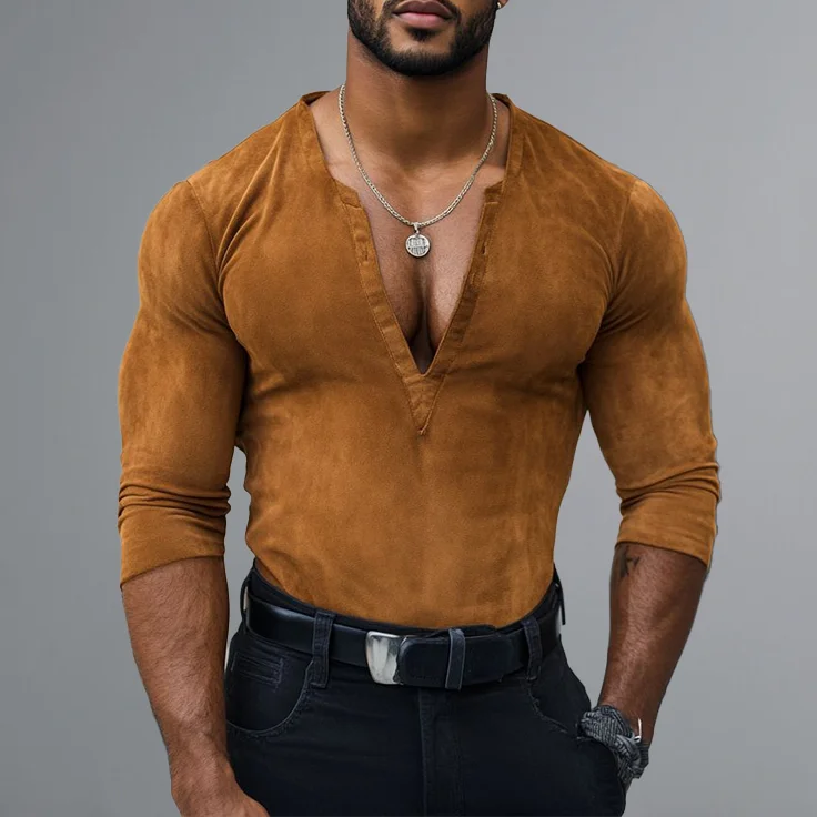 Fashion Solid V Neck Long Sleeve Suede Shirt 